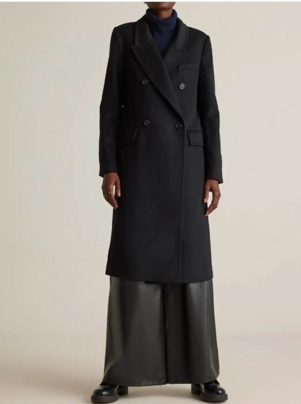 Quince Italian Wool Double-Breasted Long Coat Black Size XL NWT